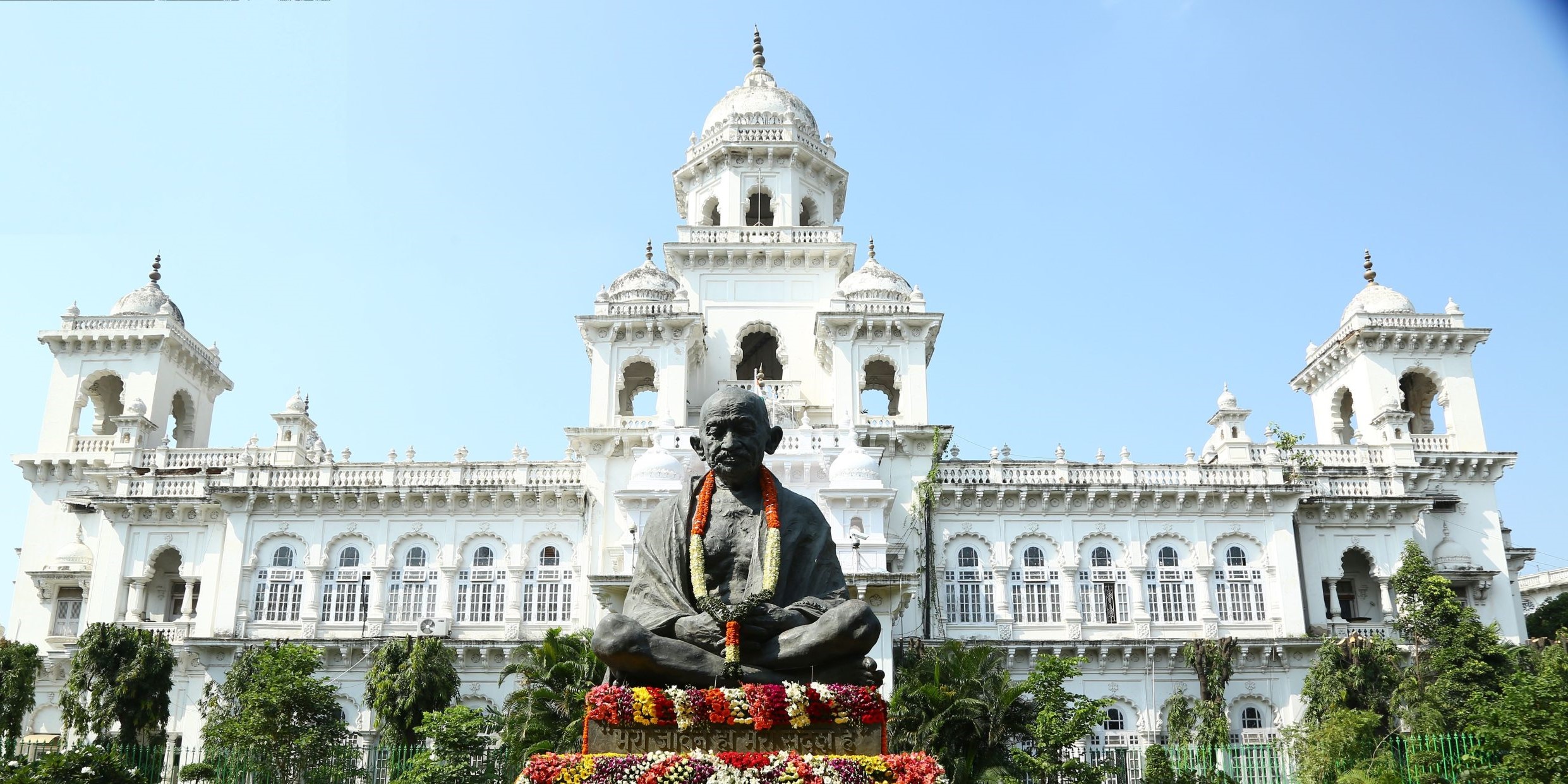 Gandhi statue in front of the Telangana Assembly building. (Supplied)