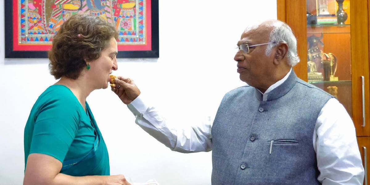 Priyanka Gandhi with AICC President Mallikarjun Kharge in New Delhi on Saturday.