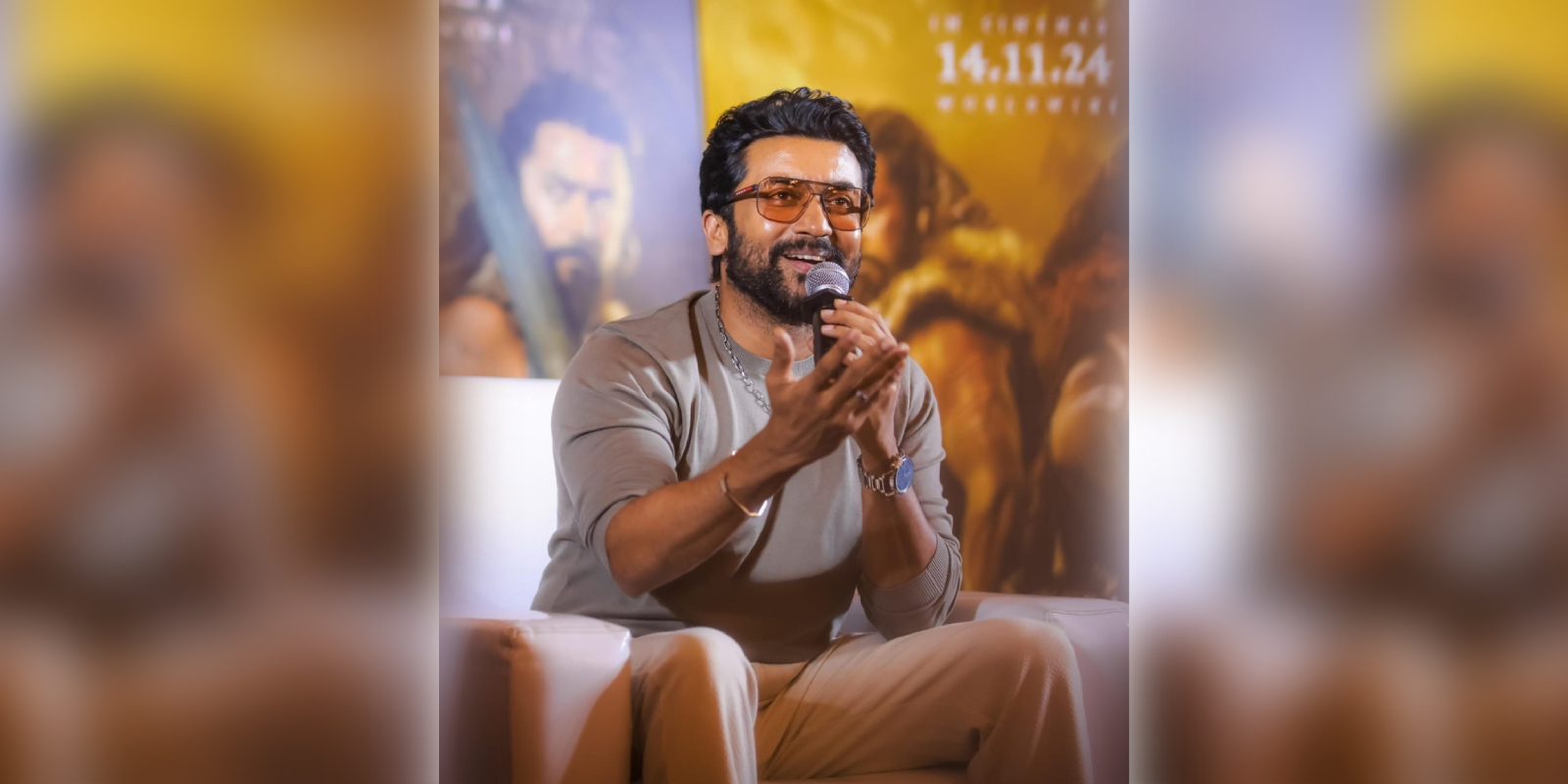 Suriya during the promotions of Kanguva