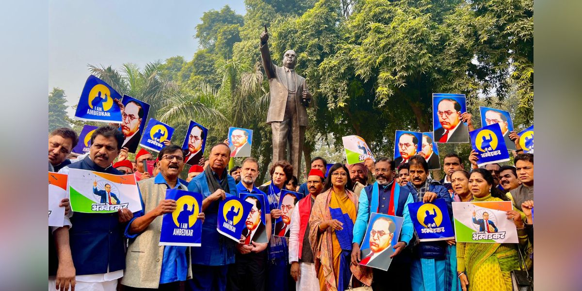 INDIA bloc MPs protesting against Amit Shah’s remarks. INDIA bloc MPs protesting against Amit Shah's remarks.