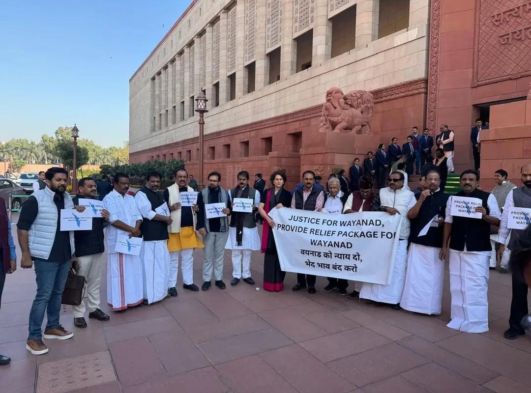 MPs from Kerala protesting in front of Parliament, demanding relief package for Wayanad.
