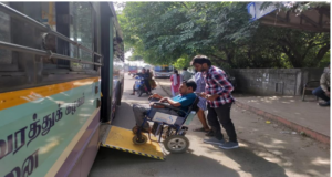 A person with disabilities boarding the Low-floor Bus. (Sathish Kumar R)