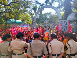 Police personnel deployed at the location to control the protest