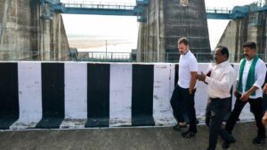Rahul Gandhi inspecting the Mediggada barrage, a part of the Kaleshwaram Lift Irrigation Scheme, on 2 November 2023. A Revanth Reddy, the then-TPCC president is also seen. 
