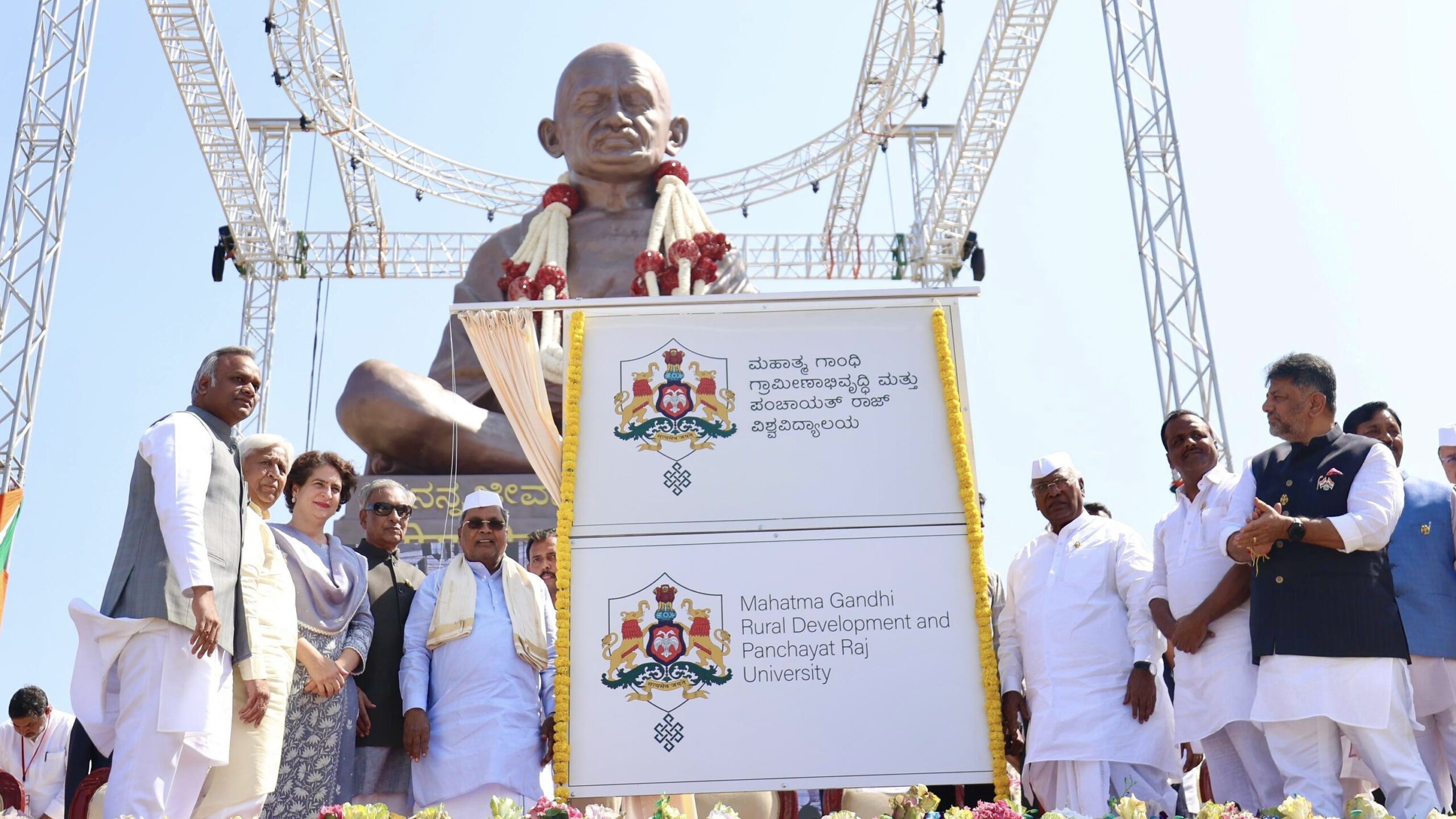 Congress leaders unveil Gandhi statue in Belagavi as Karnataka chief minister slams BJP’s historical ‘lies’