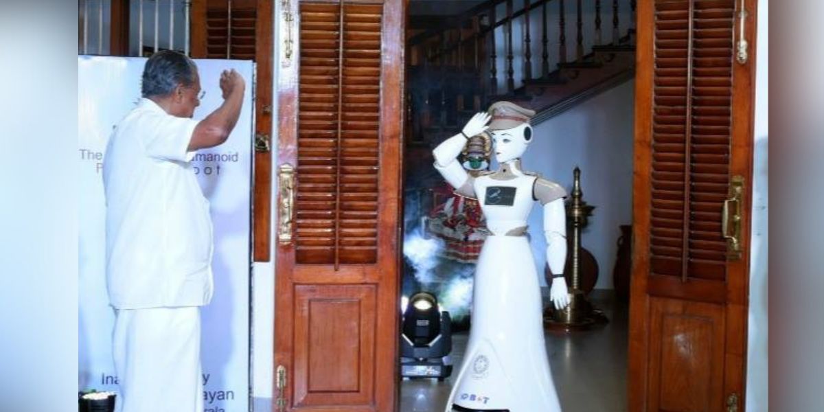 Chief Minister Pinarayi Vijayan taking salute from KP-BOT during its commissioning at a function at the Kerala Police Headquarters in February 2019. KP-BOT Kerala