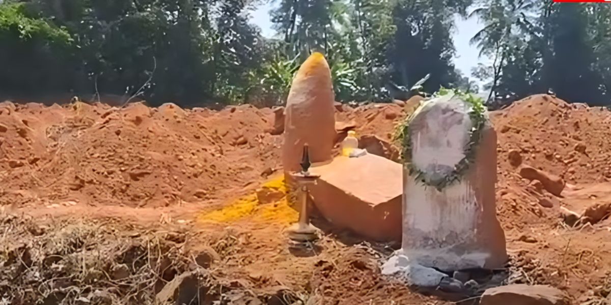 Lamps lighted in front of the structures unearthed from the lang belonging to the Pala Bishop House. Shivling Kerala Church