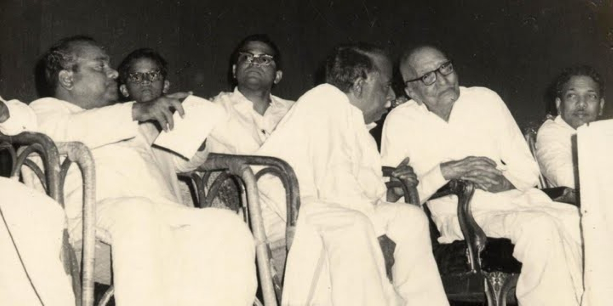 KA Mathialagan, CN Annadurai, Rajaji and M Karunanidhi. (Front row, left to right) Tamil Nadu