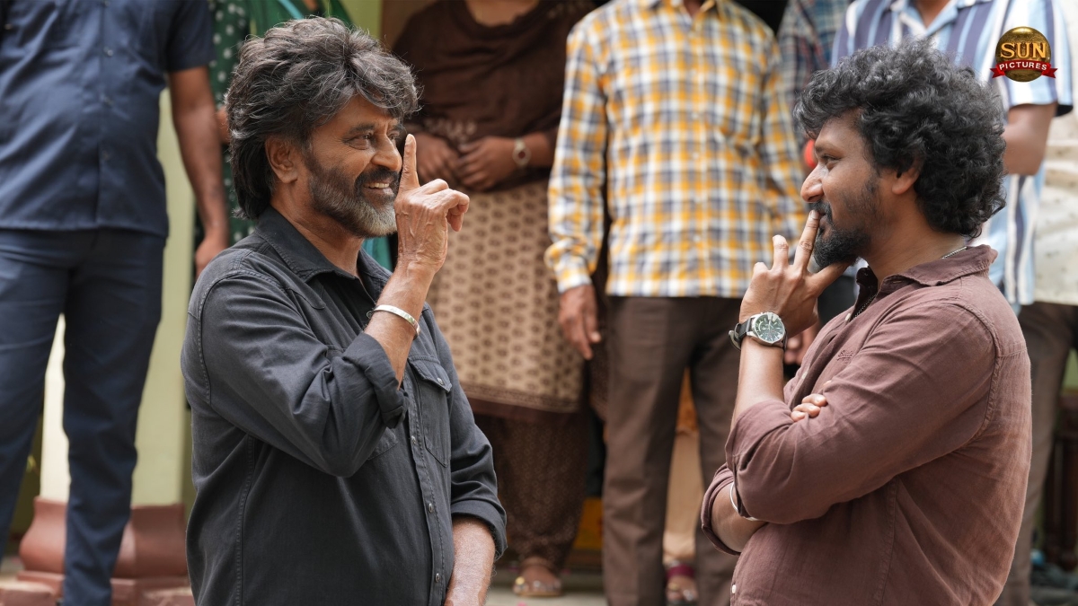 Lokesh Kanagaraj and Rajinikanth on the sets of Coolie