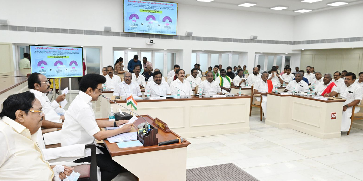 MK Stalin speaking at the all-party meeting on delimitation.