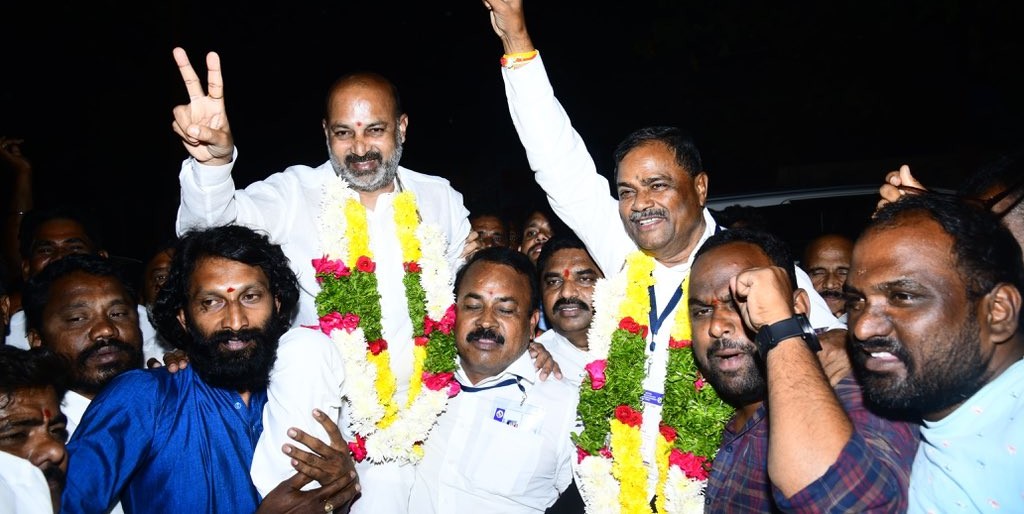 Malka Komraiah and Bandi Sanjay after the former’s victory in MLC elections. (X) Malka Komraiah and Bandi Sanjay after the former's victory in MLC elections. (X)