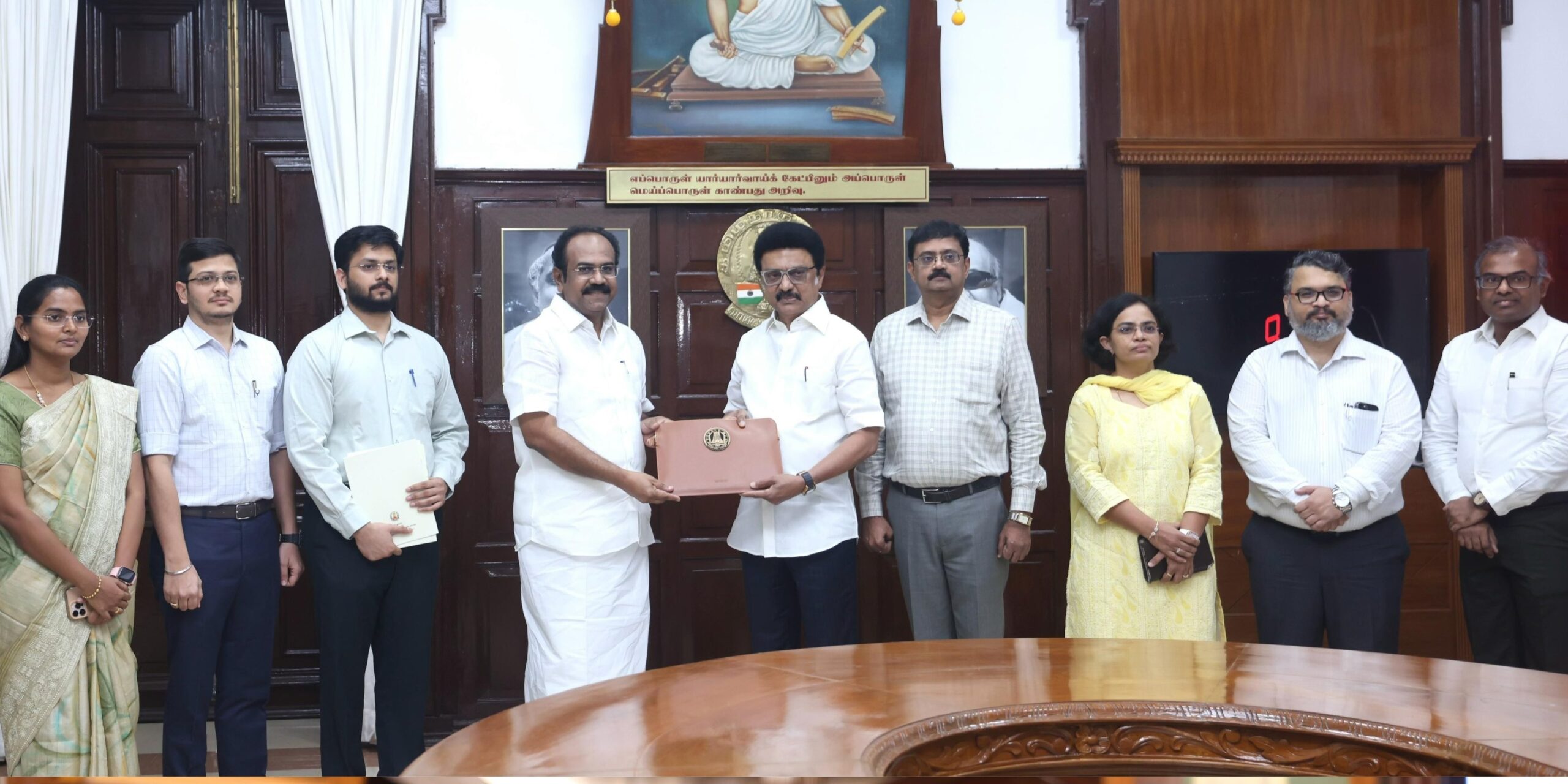Tamil Nadu Finance Minister Thangam Thenarasu handing over the budget copy to Chief Minister MK Stalin.