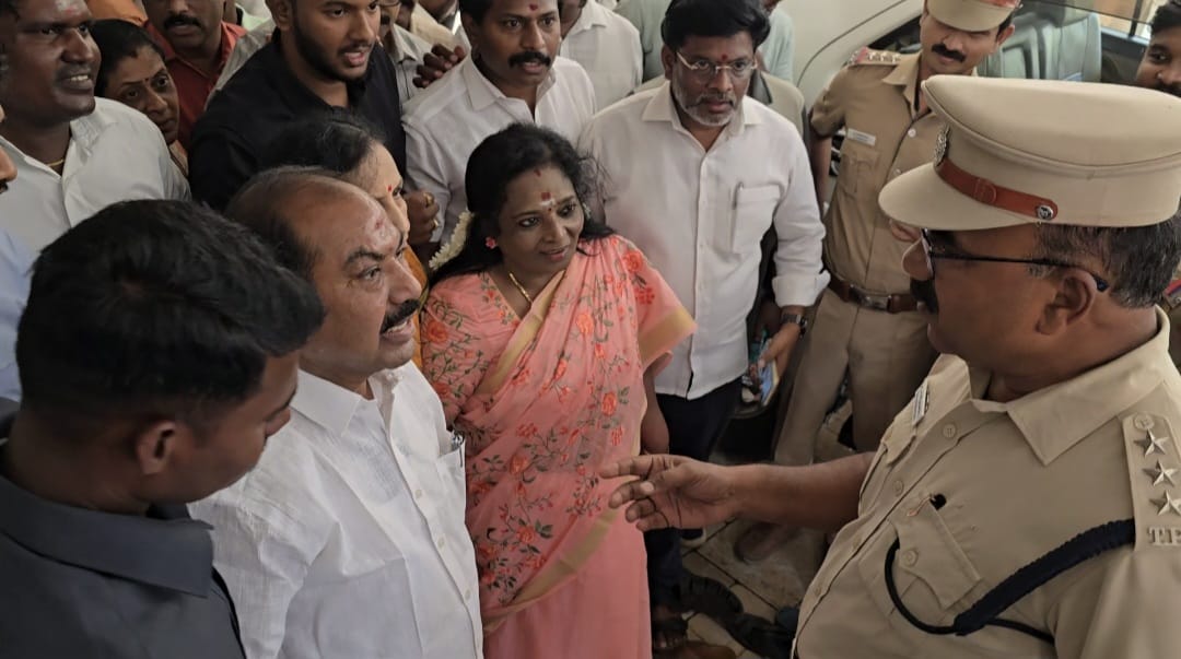 Tamilisai Tamilisai Soundararajan being detained from her residence in Chennai on Monday.