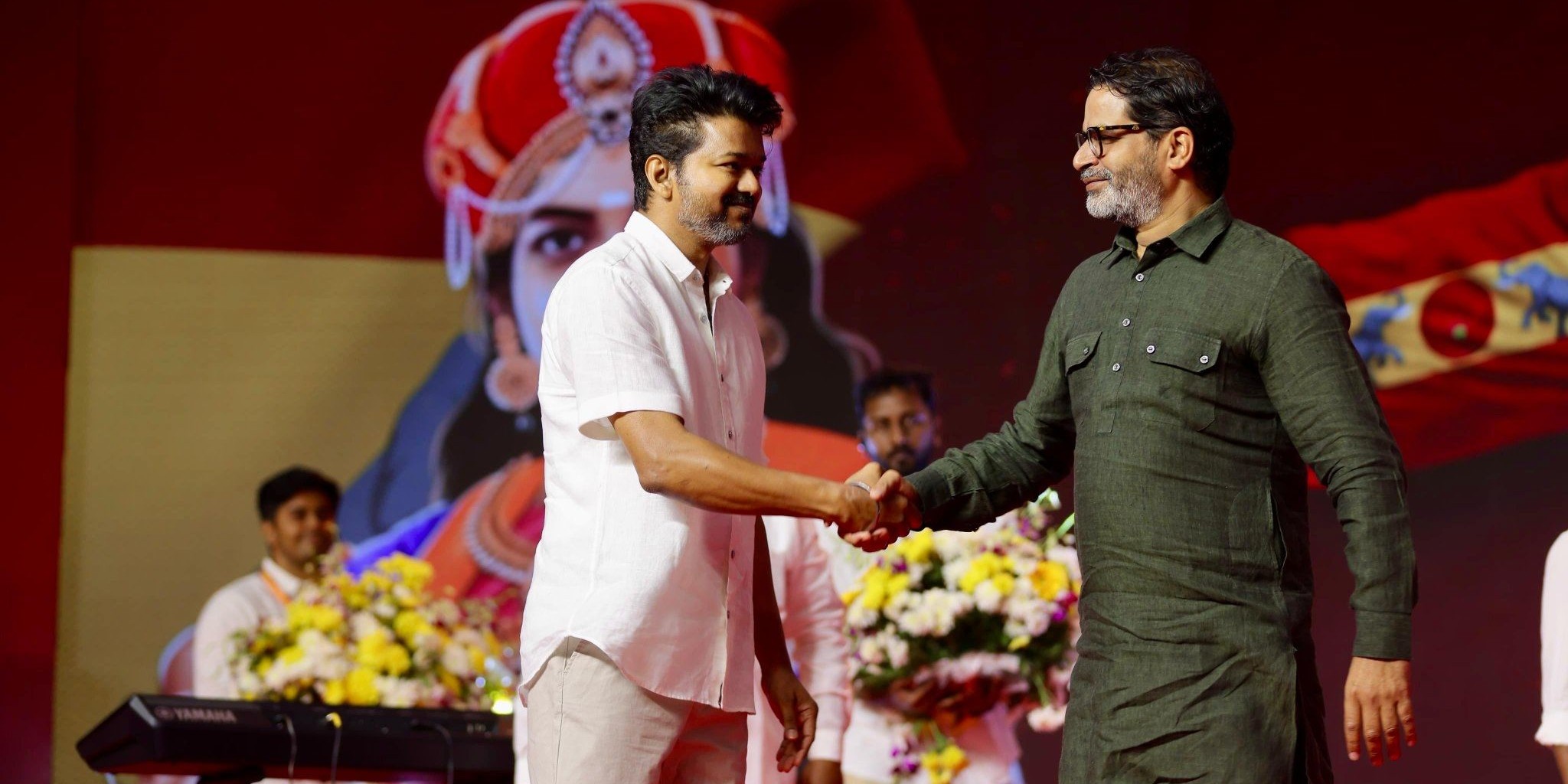 Vijay and Prashant Kishor during a TVK programme. (X) Vijay and Prashant Kishor during a TVK programme. (X)