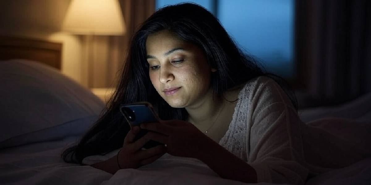 Women using phone before bed(AI Generated) Women using phone before bed(AI Generated)