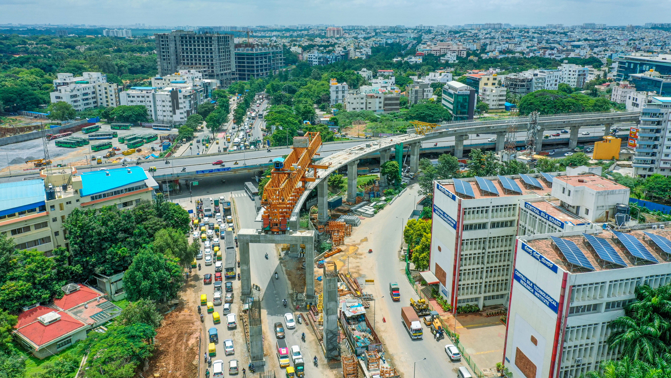 Aerial shot over Bangalore silk board and bridges over roads in the lively city Greater Bengaluru Governance Bill