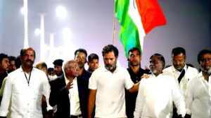 Rahul Gandhi leads the Bharat Jodo Yatra in Telangana on 2 November 2022. Author, activist, and columnist Kancha Ilaiah Shepherd is also seen.