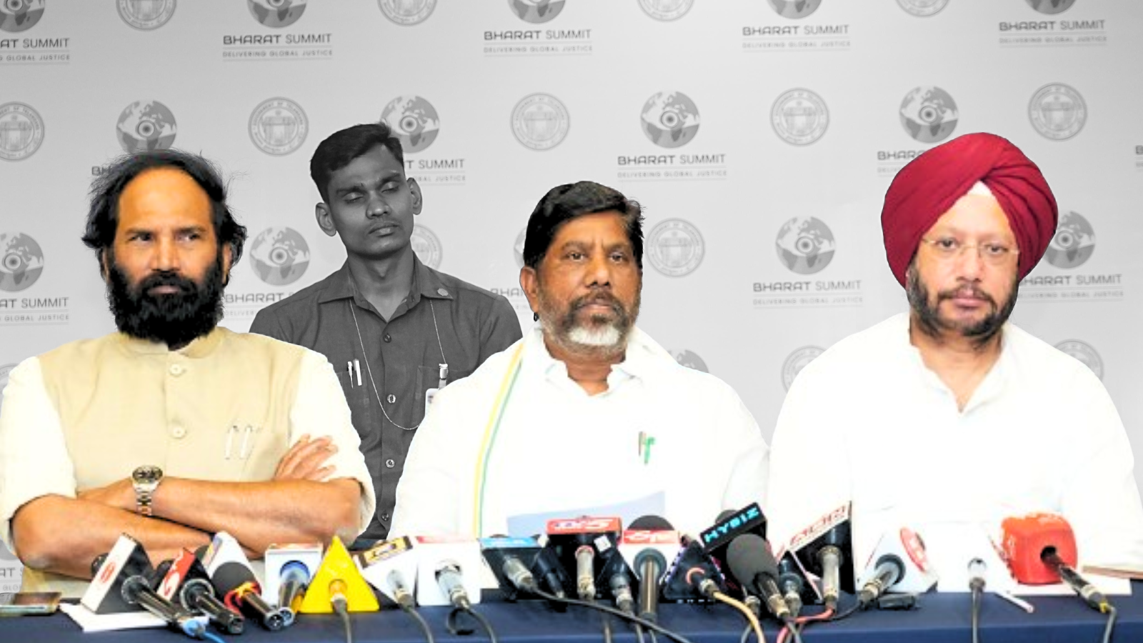 Deputy Chief Minister Bhatti Mallu, Irrigation Minister Uttam Kumar Reddy, and AICC representative Gurdeep Sappal ahead of the Bharat Summit