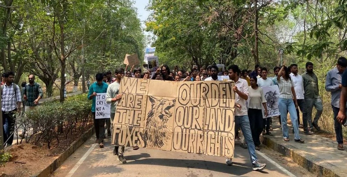 Students of the University of Hyderabad take out a protest rally against the Telangana government to save the green area, one of the remaining urban forests in Hyderabad.