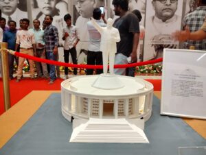 A sculpture of Ambedkar's statue in Hyderabad