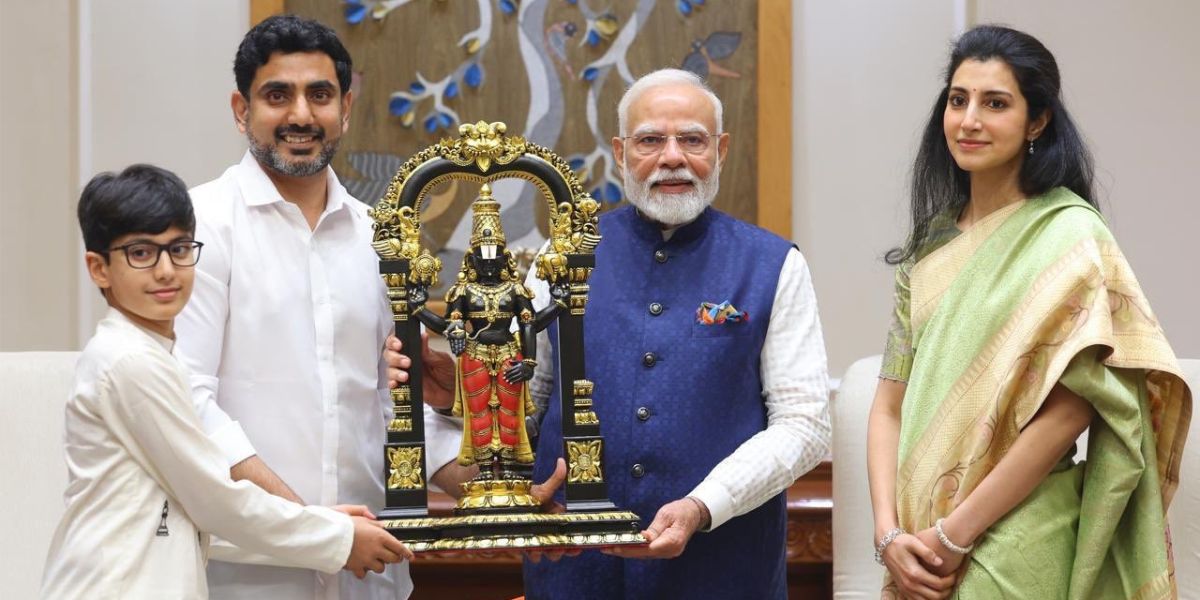Andhra Pradesh Minister Nara Lokesh, his wife Brahmani, and their son Devansh with Narendra Modi. Andhra Pradesh Minister Nara Lokesh, his wife Brahmani, and their son Devansh with Narendra Modi.