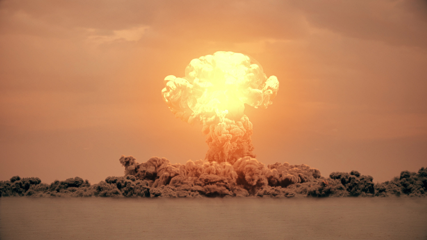 3d rendering of massive nuke bomb test explosion with film look Nuclear war