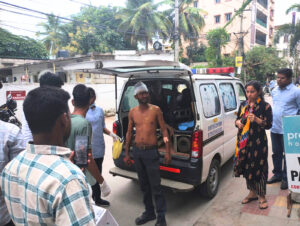An injured person arriving at Pranaam Hospital
