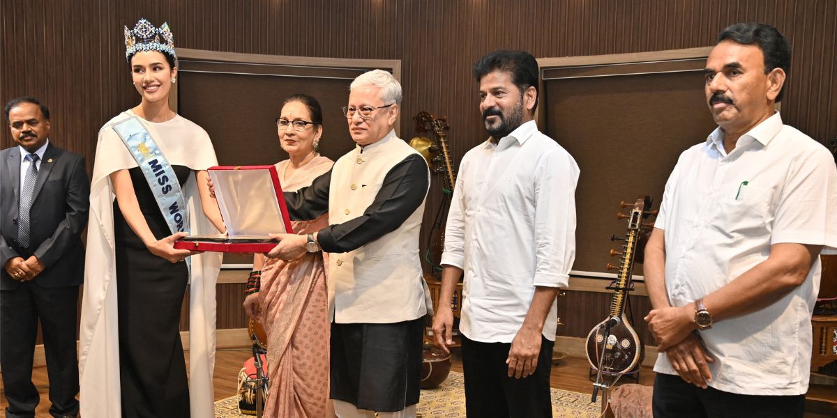 Chief Minister Revanth Reddy was the chief guest at the tea party hosted by the state Governor at the Raj Bhavan for the winners of Miss World 2025.