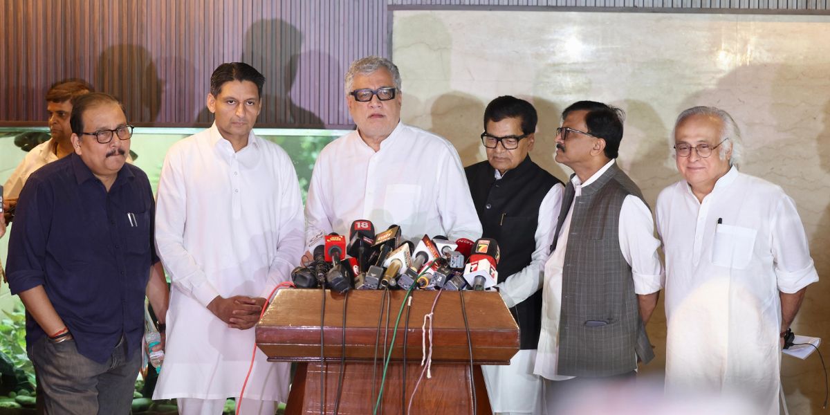 INDIA bloc leaders speaking to media after the meeting. INDIA bloc leaders speaking to media after the meeting.