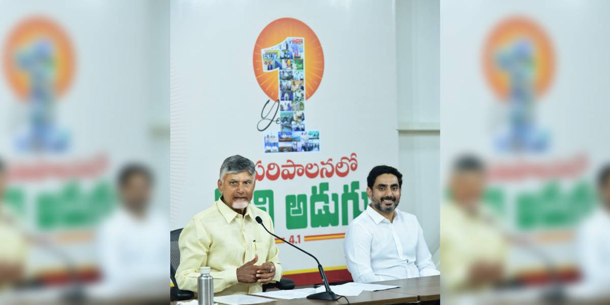 Naidu-Lokesh Chief Minister N Chandrababu Naidu addressing the media on Thursday, 12 June. IT Minister Nara Lokesh is also seen.