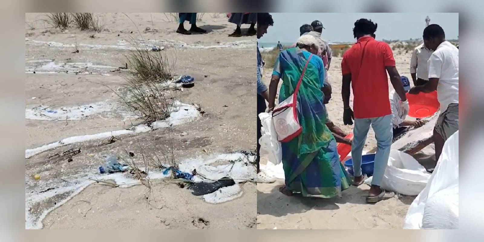 Plastic raw material washes ashore in Dhanushkodi