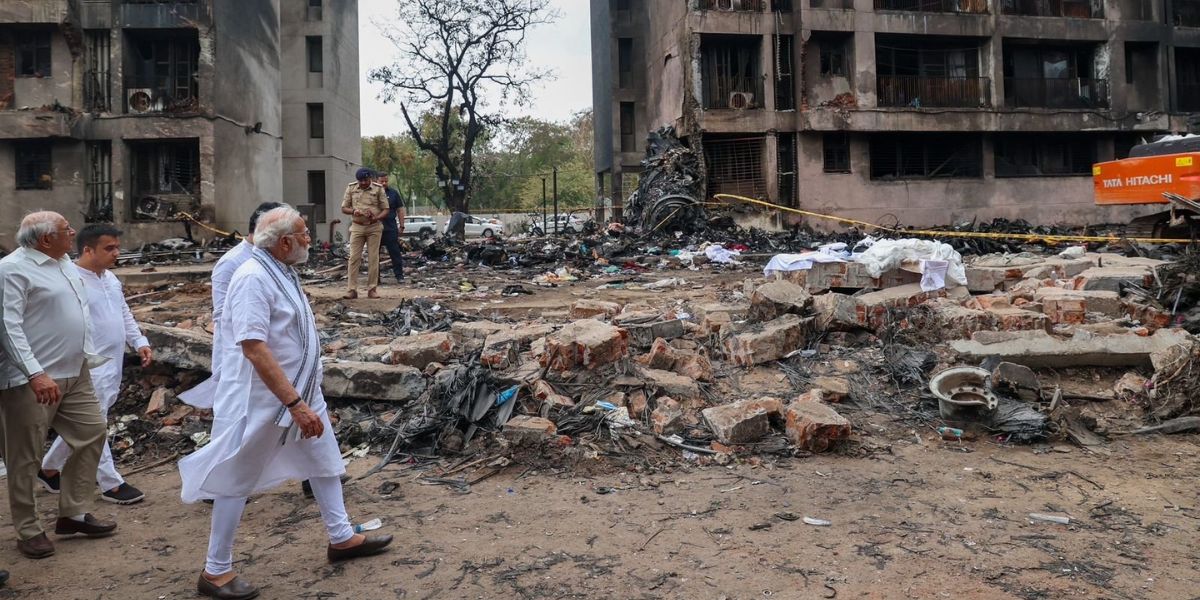 Prime Minister Narendra Modi visiting the crash site in Ahmedabad.