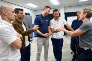Group Captain Shubhanshu Shukla (second, left) with other spacefarers at Axiom, Houston. (Credit: Axiom Space)