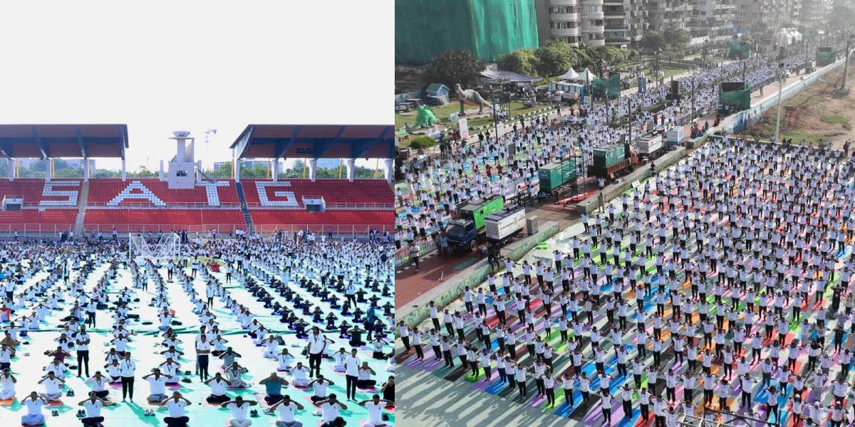 International Day of Yoga celebrations in Hyderabad (left) and Vishakhapatnam.