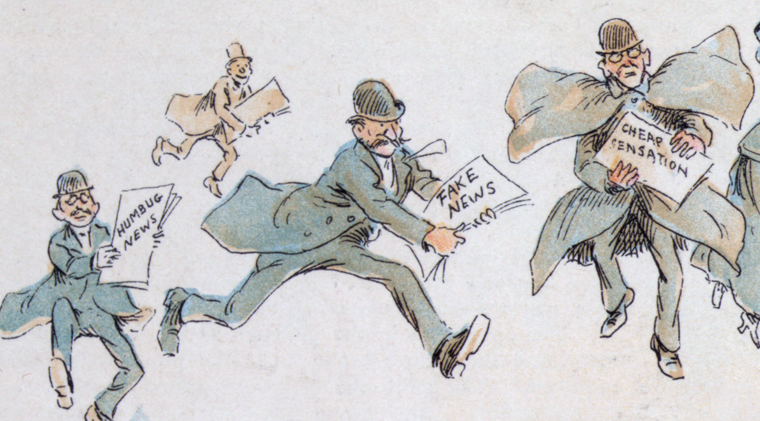 Fake News A man with 'fake news' rushing to the printing press. An 1894 illustration by Frederick Burr Opper. (Wikimedia Commons)