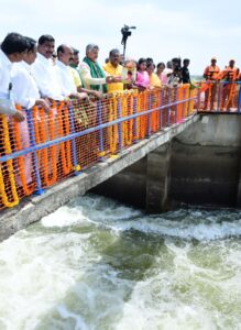 Chief Minister N Chandrababu Naidu offering Jala Harati at the Malyala pumping house on Thursday, 17 July. (NCBN/X)