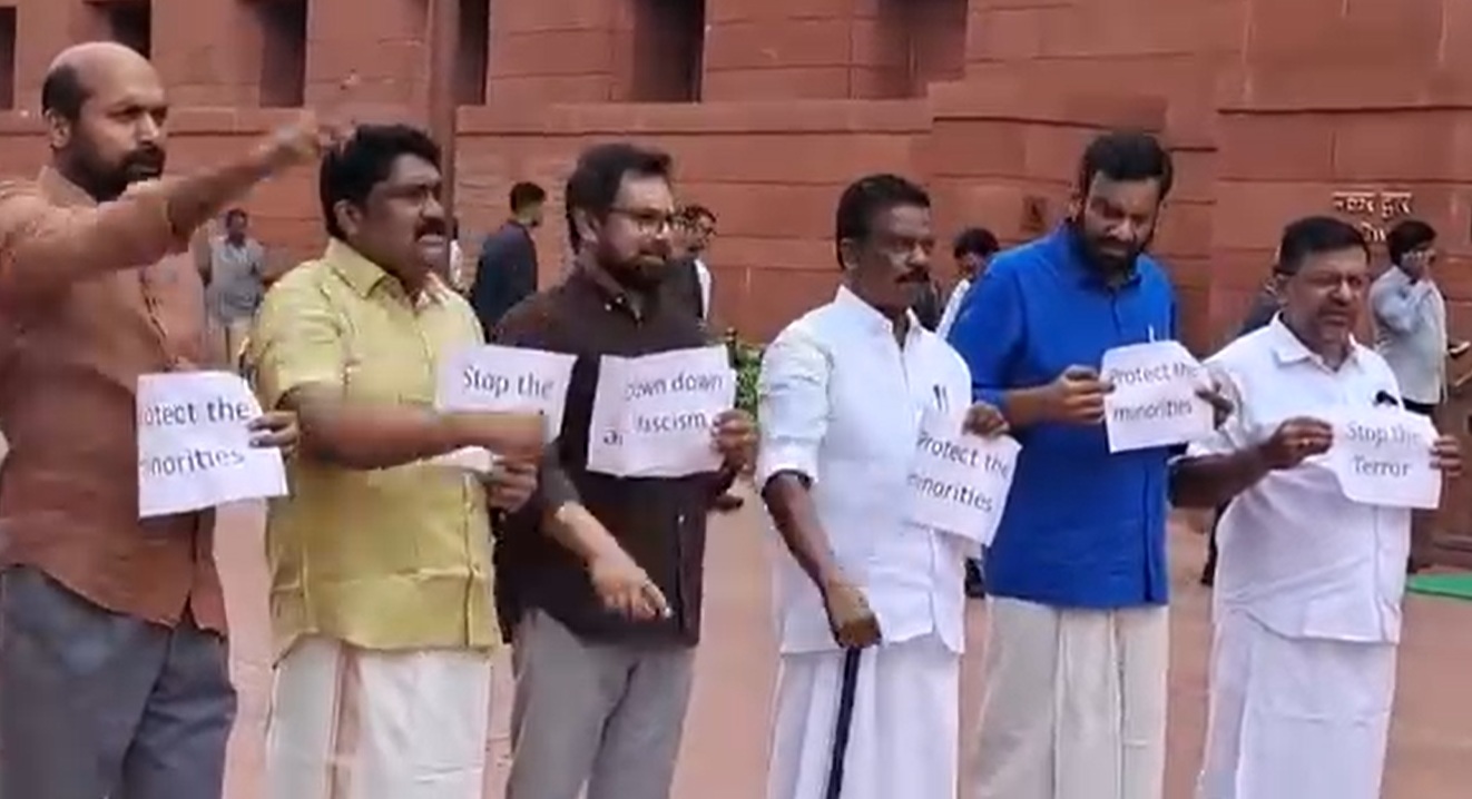 LDF MPs protesting outside Parliament, seeking justice for two nuns arrested in Chhattisgarh, on Monday, 28 July.