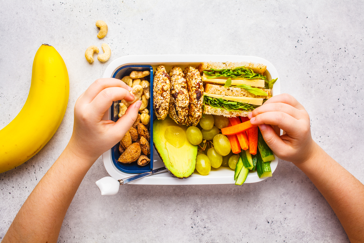 School healthy lunch box with sandwich, cookies, fruits and avocado on white background. Nutrient-rich food