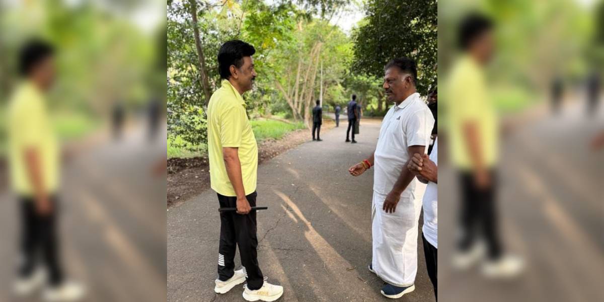 AIADMK Rights Retrieval Group general secretary O Pannerselvan greets Chief Minister MK Stalin during latter's routine morning walk on the Theosophical Society campus in Chennai.