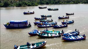 Fisherfolk affected by the maritime accidents took to the seas, demanding compensation for lost livelihoods and damaged equipment.
