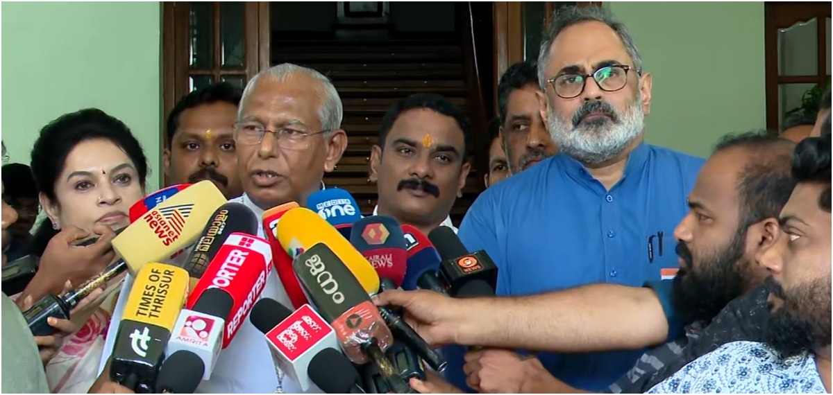 Archbishop Andrews Thazhath speaking to media along with BJP State President Rajeev Chandrashekar.