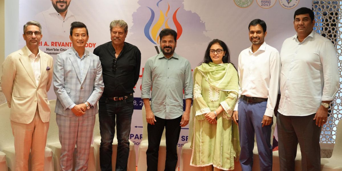 Chief Minister Revanth Reddy with veteran sportspersons during the inauguration of Telangana Sports Hub.