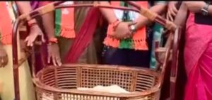 Mahila Morcha's cradle protest in Thrissur against Rahul Mamkootathil. It has been alleged that he had forced a woman to terminate her pregnancy.