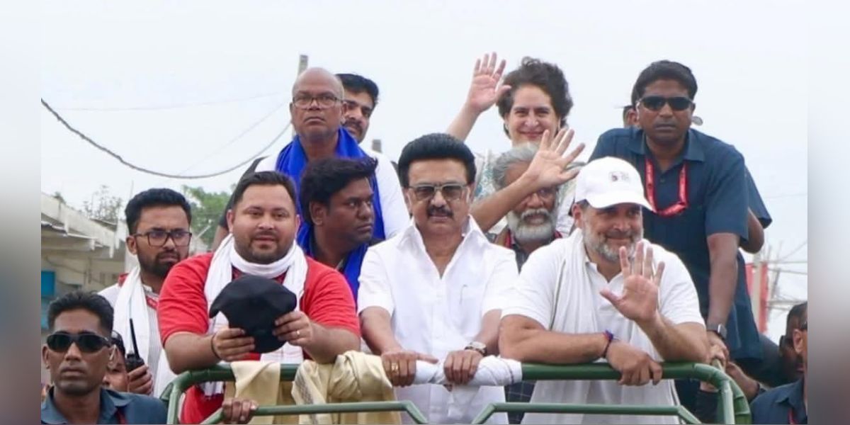 INDIA bloc leaders during a rally in Bihar.