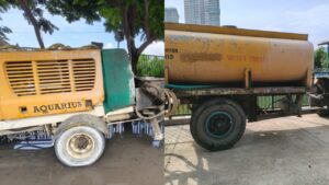 Water pumps and tankers stationed in the area.