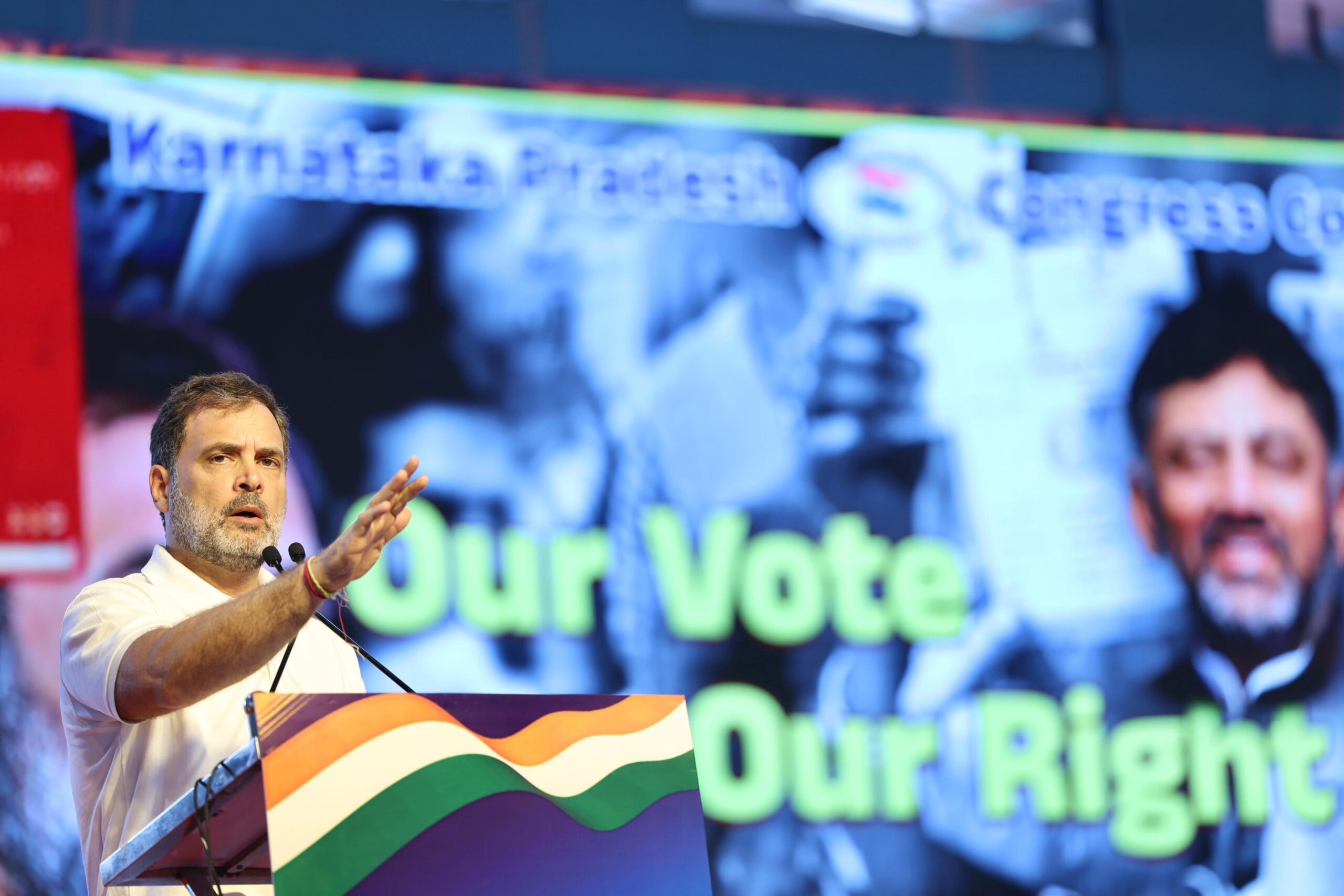 Senior Congress leader Rahul Gandhi addressing the 'Vote Adhikar Rally' in Bengaluru on Friday, 8 August. (INCIndia/X)