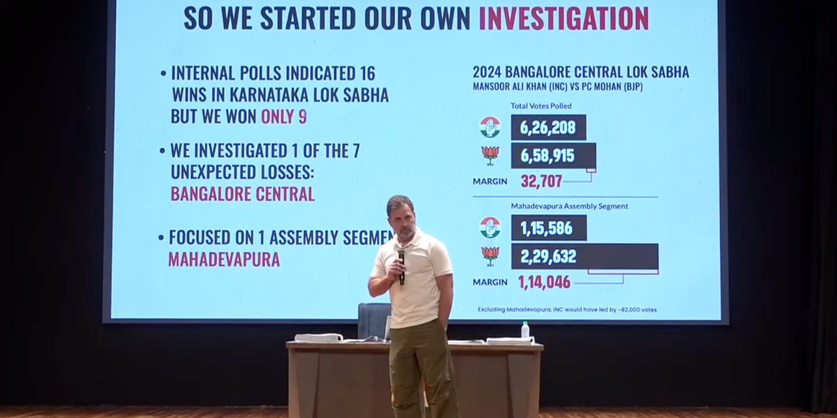Rahul Gandhi presenting the data of the Congress investigation. ‘EC colluded with BJP to rig elections across India’: Rahul Gandhi presents ‘evidence’ from Karnataka