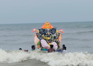 Vinayagar idol immersion at Pattinapakkam beach in Chennai.