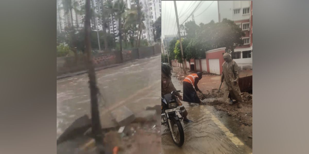 Waterlogged roads in Hyderabad and workers clearing stagnant water.