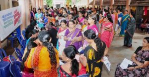 Women registering for cancer screening.